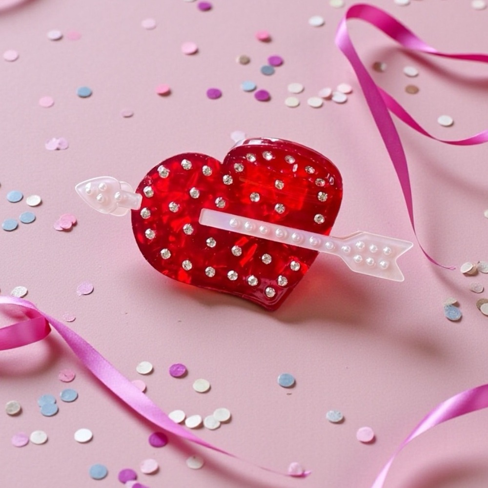 Red Heart Cupid Allover Rhinestone Pink Pearl Arrow 4“ Lobster Claw Hair Clip - Picture 1 of 5